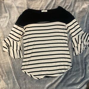 Ladies Tickled Teal Black and White Striped Short Ruffle Sleeves